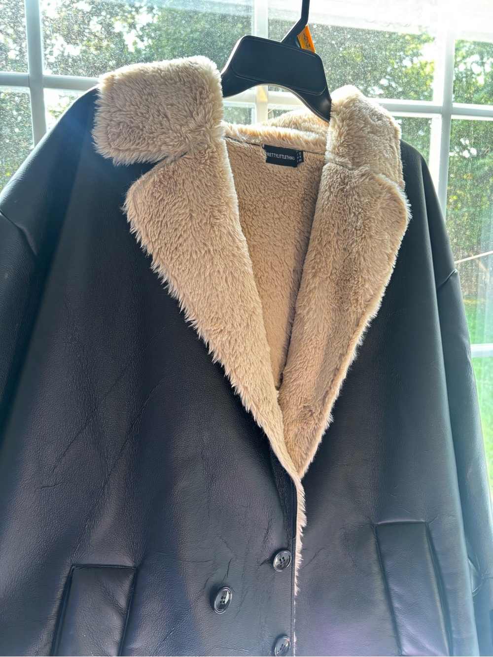 PrettyLittleThing Black Faux Leather Jacket with Cream Sherpa Collar